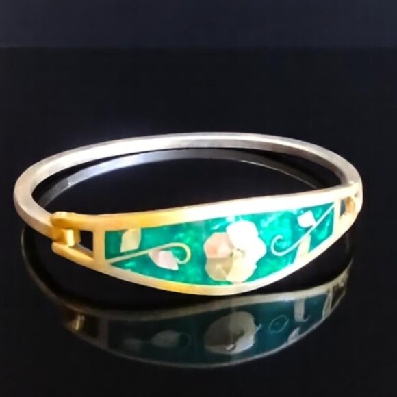 Vintage Silver Hinged Bracelet Taxco Mexico Abalone Flower Green Malachite - Picture 1 of 5